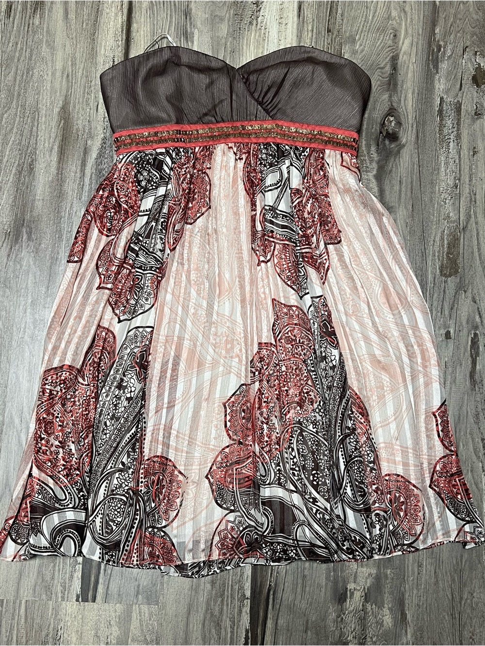 BCBGMaxAzria Vintage Y2K Strapless 100% Silk Paisley Beaded Babydoll Dress 2